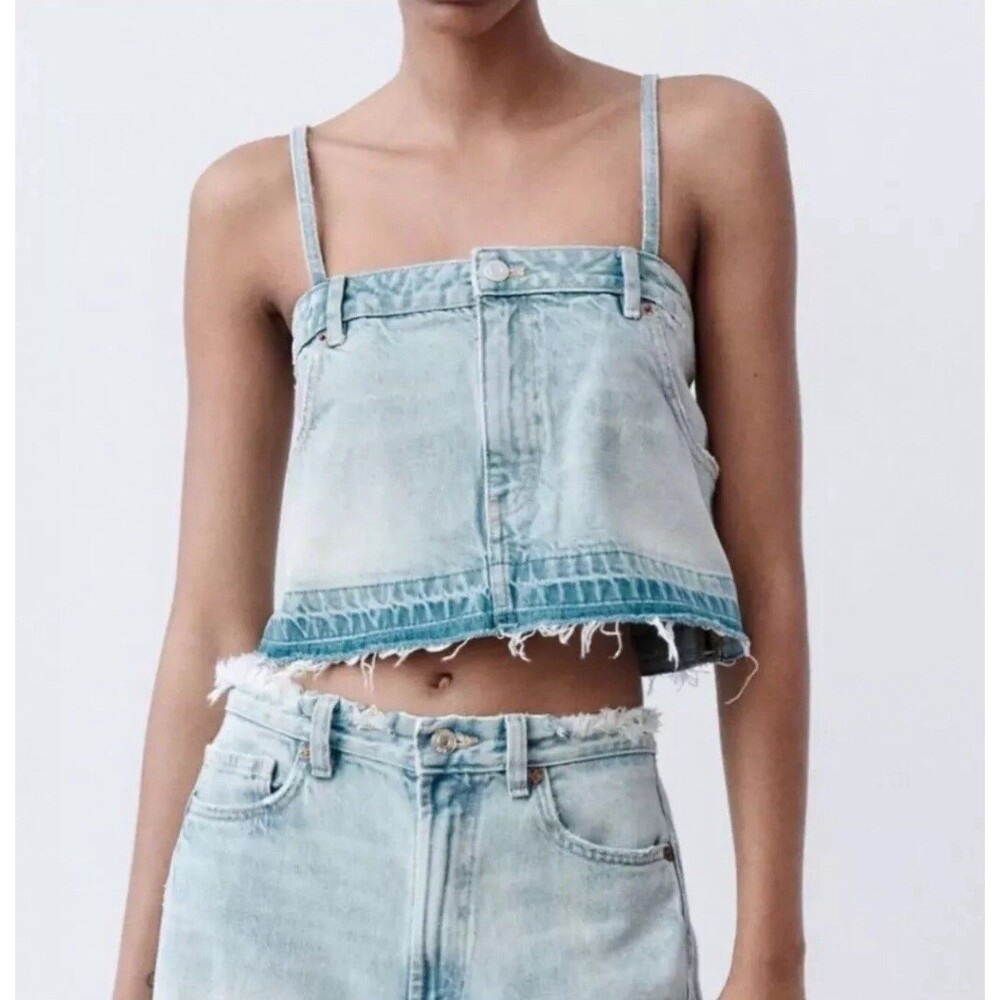 Zara Tank Top Blue Denim Womens Crop Spaghetti Strap Vacay Summer Vacay Sz S NWT